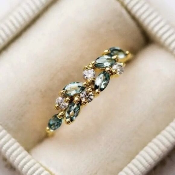 18k Gold Plated Green Leaf Diamond Ring - Picture 2 of 8